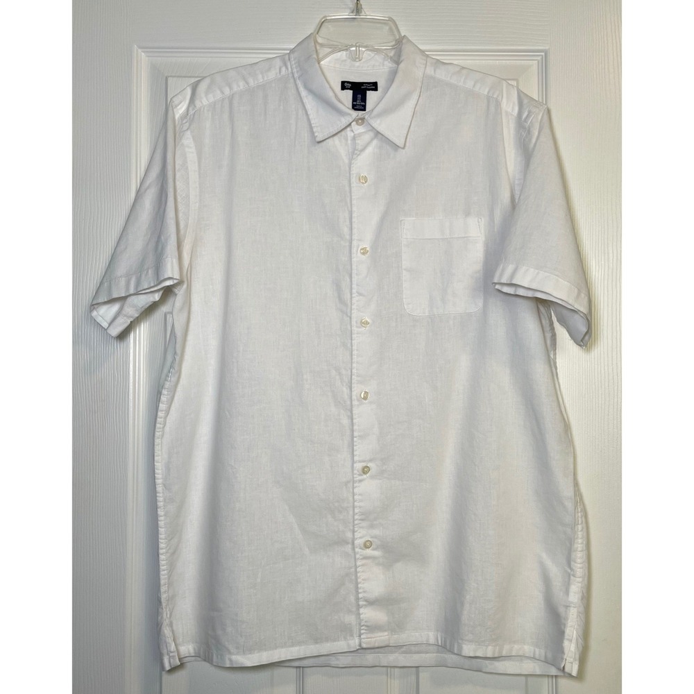 Gap Men's White Linen-Cotton Short Sleeve Button Down Shirt Large Classic Fit‎